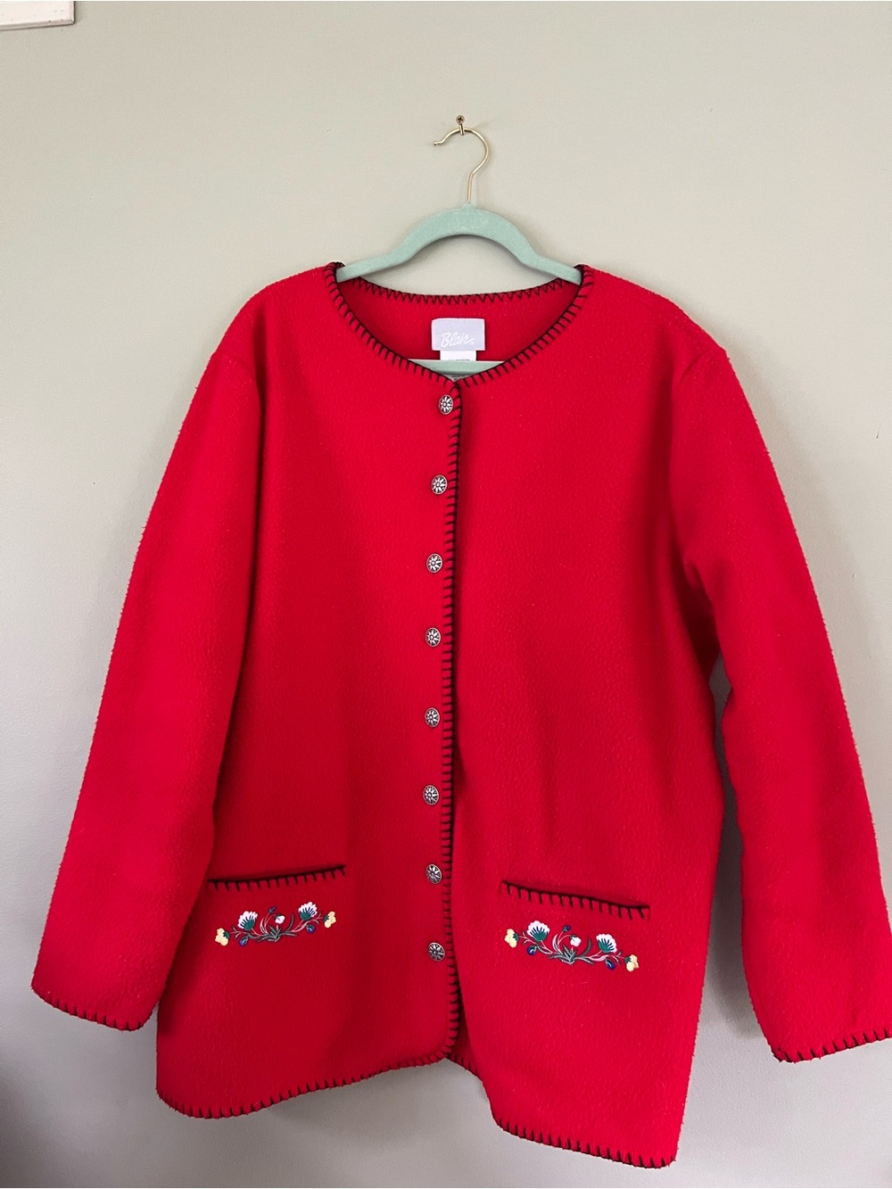 Blair Jacket - Red with Embroidered Pockets and Flower Buttons